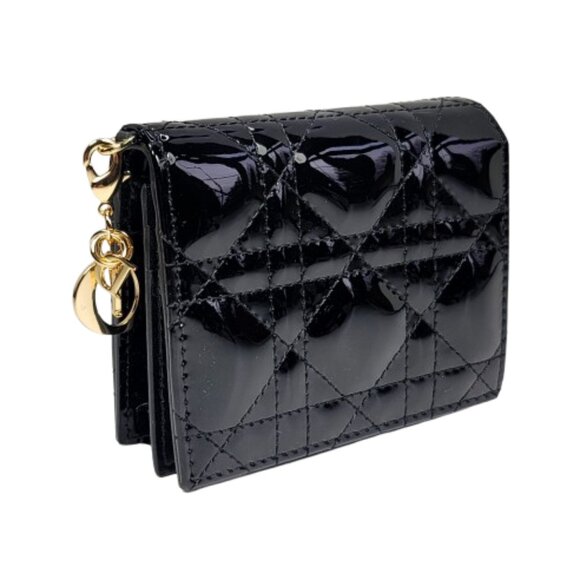 DIOR Mini Lady Dior Gardenia Wallet Black Patent Cannage Calfskin - Picture 1 of 8